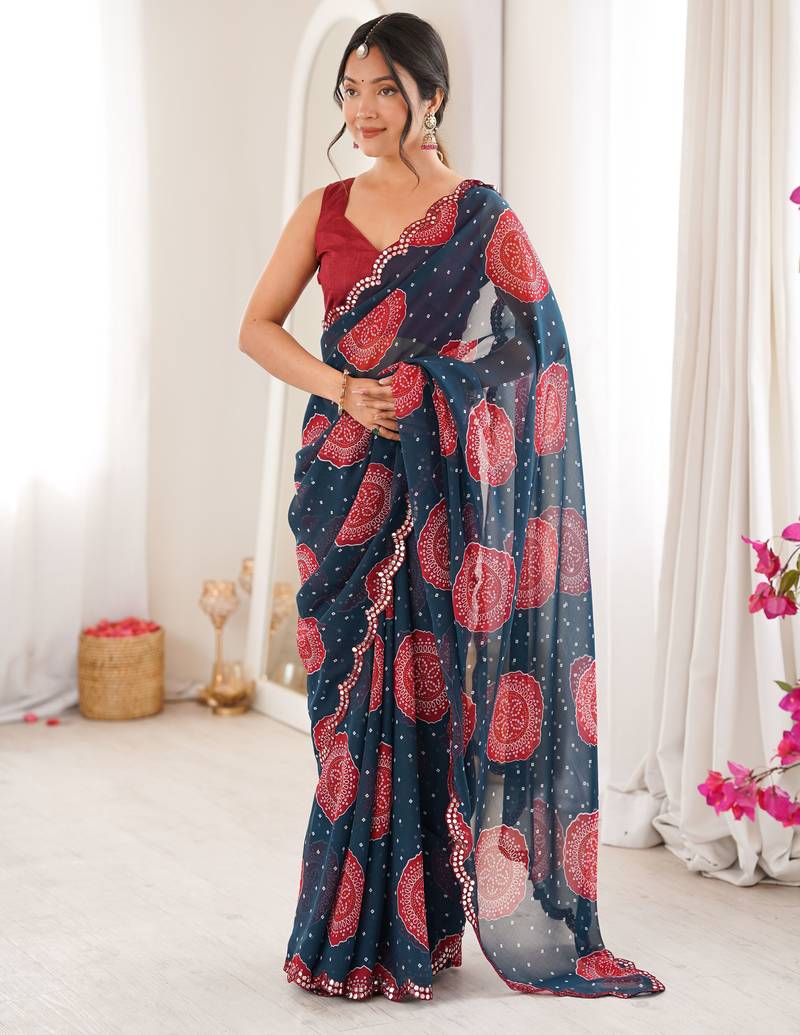 Petrol color faux georgette bandhani printed traditional festive saree