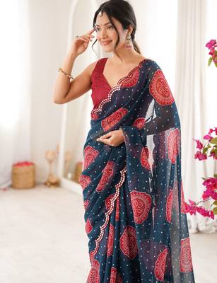 Petrol faux georgette bandhani printed traditional festive saree 3