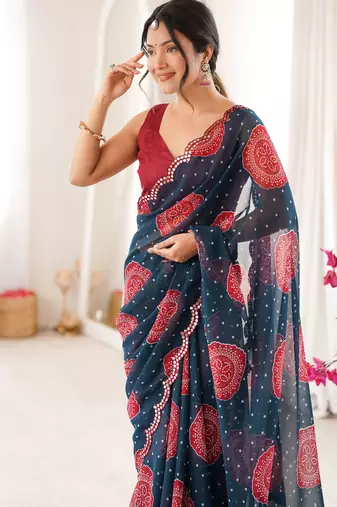 Petrol faux georgette bandhani printed traditional festive saree
