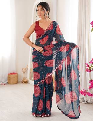 Petrol faux georgette bandhani printed traditional festive saree 4