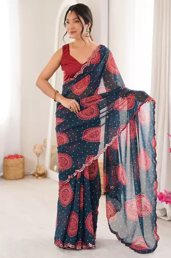 Petrol faux georgette bandhani printed traditional festive saree