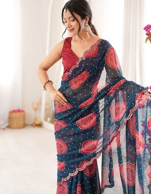 Petrol faux georgette bandhani printed traditional festive saree 5