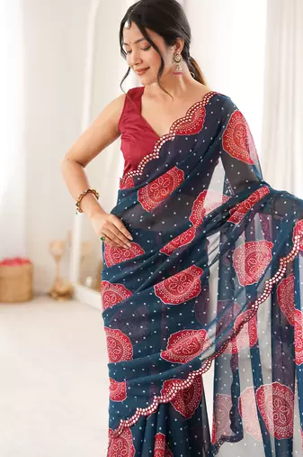 Petrol faux georgette bandhani printed traditional festive saree