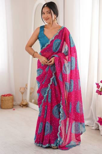 Pink color faux georgette bandhani printed traditional festive saree