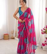 Pink faux georgette bandhani printed traditional festive saree