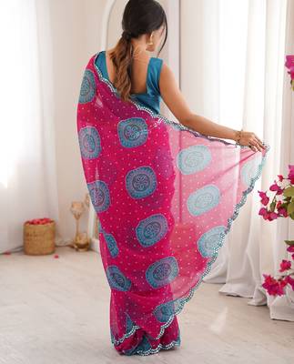 Pink faux georgette bandhani printed traditional festive saree 2