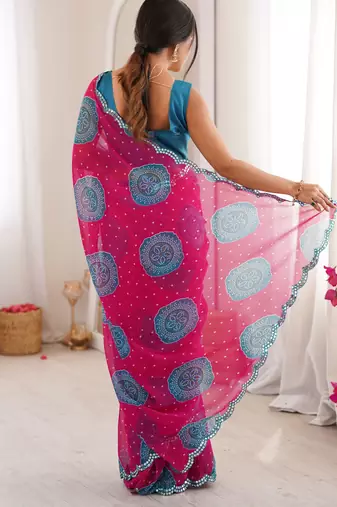 Pink faux georgette bandhani printed traditional festive saree