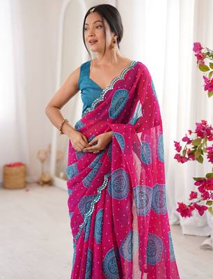 Pink faux georgette bandhani printed traditional festive saree 3