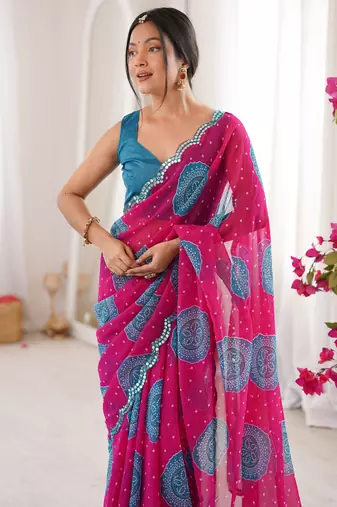 Pink faux georgette bandhani printed traditional festive saree