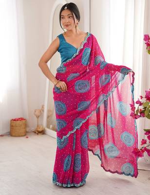 Pink faux georgette bandhani printed traditional festive saree 4