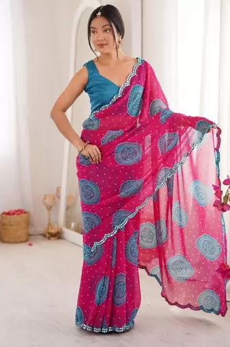 Pink faux georgette bandhani printed traditional festive saree