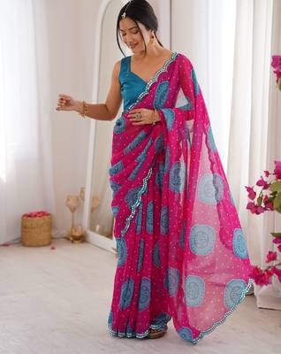 Pink faux georgette bandhani printed traditional festive saree 5
