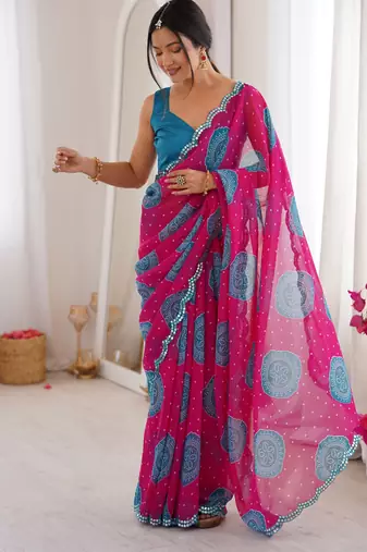 Pink faux georgette bandhani printed traditional festive saree