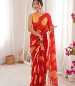 Red faux georgette bandhani printed traditional festive saree