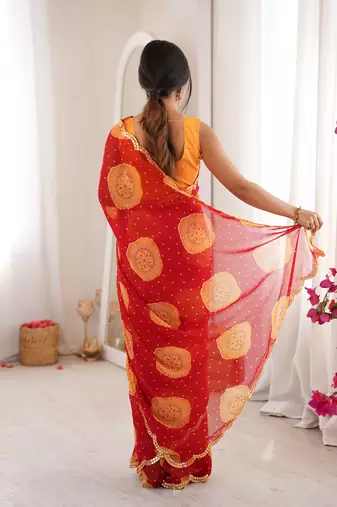 Red faux georgette bandhani printed traditional festive saree