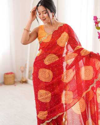 Red faux georgette bandhani printed traditional festive saree 3
