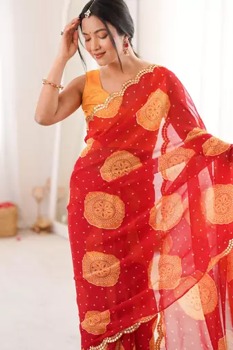 Red faux georgette bandhani printed traditional festive saree
