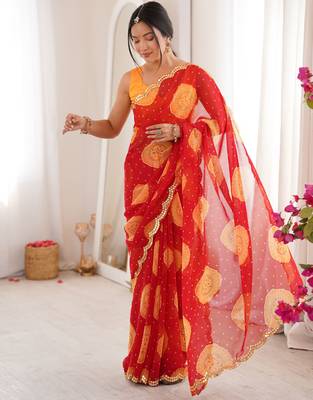 Red faux georgette bandhani printed traditional festive saree 4