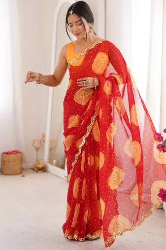 Red faux georgette bandhani printed traditional festive saree
