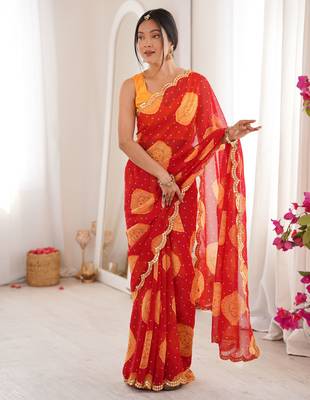 Red faux georgette bandhani printed traditional festive saree 5