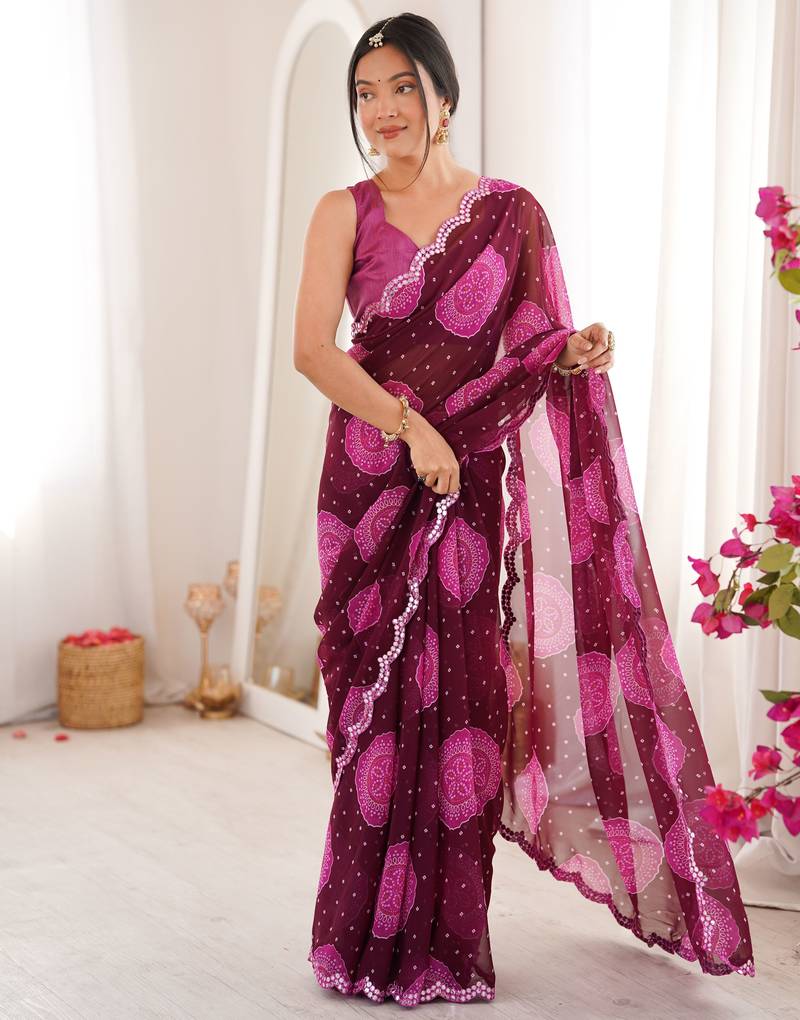 Wine color faux georgette bandhani printed traditional festive saree