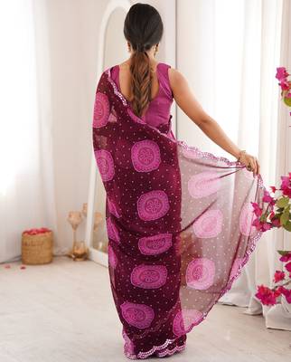 Wine faux georgette bandhani printed traditional festive saree 2