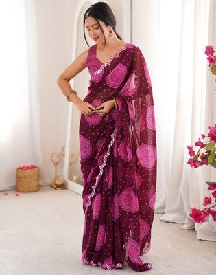 Wine faux georgette bandhani printed traditional festive saree 4