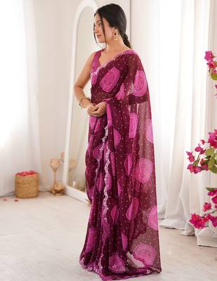 Wine faux georgette bandhani printed traditional festive saree 5