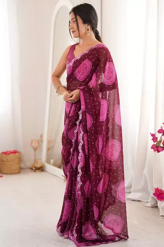 Wine faux georgette bandhani printed traditional festive saree