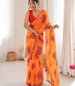 Orange faux georgette bandhani printed traditional festive saree