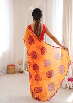 Orange faux georgette bandhani printed traditional festive saree 2