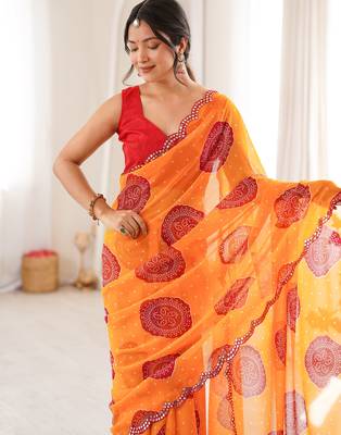 Orange faux georgette bandhani printed traditional festive saree 3
