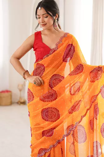 Orange faux georgette bandhani printed traditional festive saree
