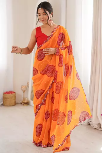 Orange faux georgette bandhani printed traditional festive saree