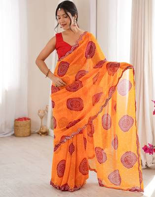 Orange faux georgette bandhani printed traditional festive saree 5