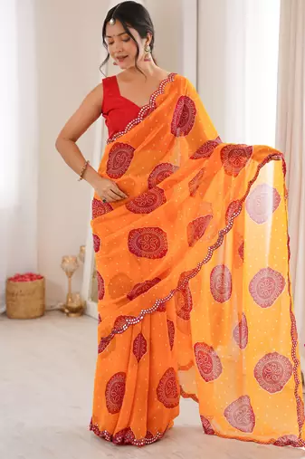 Orange faux georgette bandhani printed traditional festive saree
