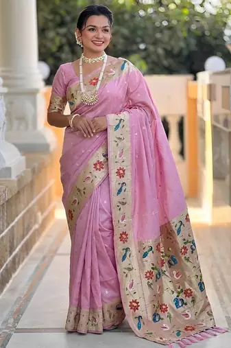 Baby pink paithani silk woven meenakari jacquard saree