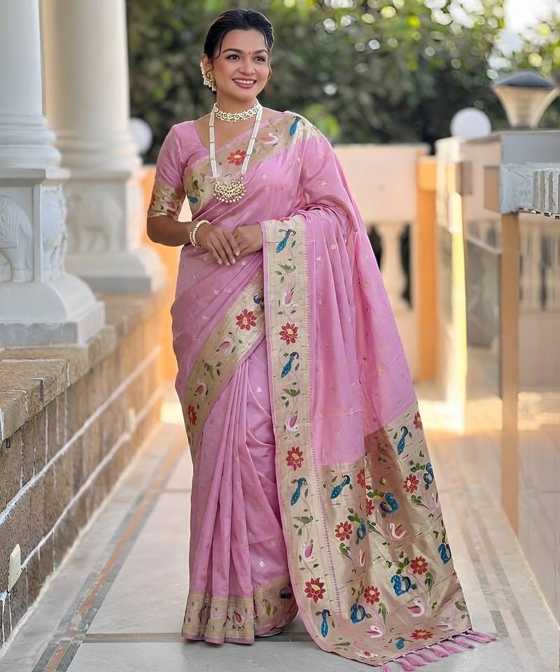 Baby pink color paithani silk woven meenakari jacquard saree