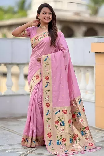 Baby pink paithani silk blend woven meenakari jacquard saree