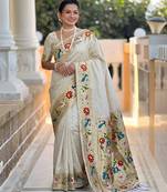Cream paithani silk woven meenakari jacquard saree