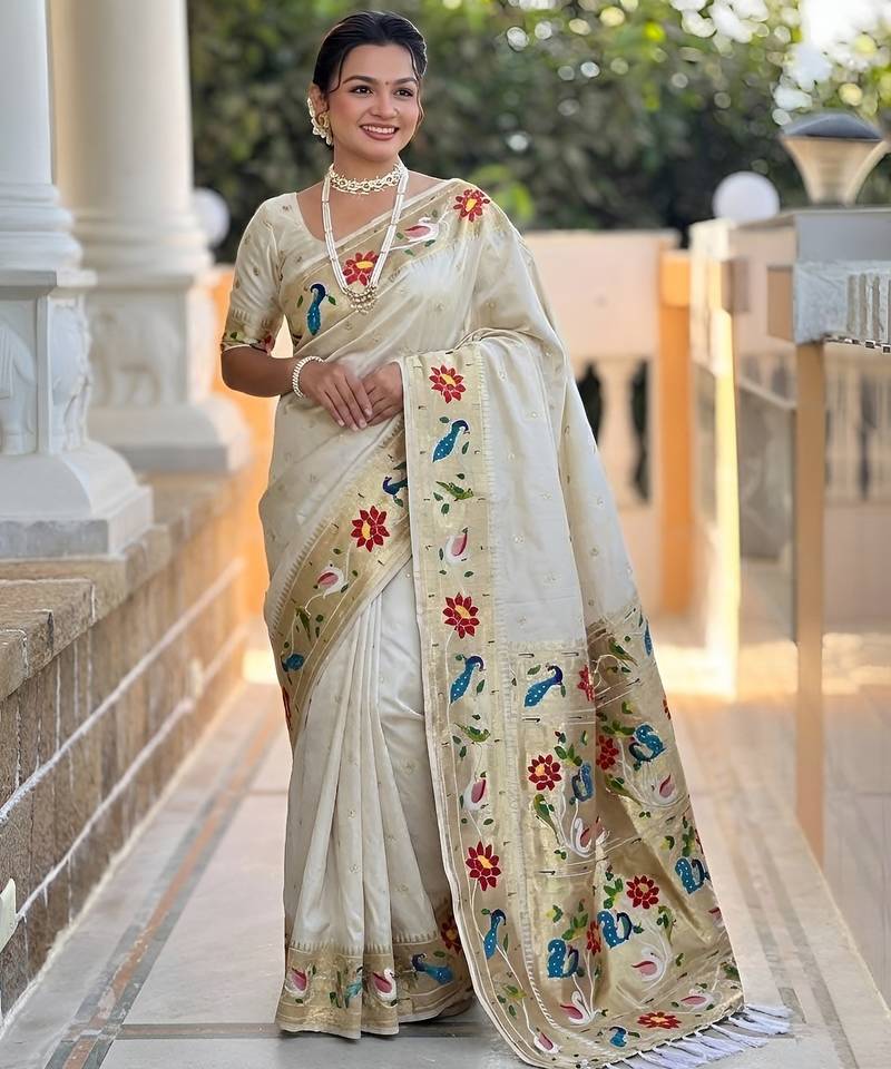 Cream color paithani silk woven meenakari jacquard saree