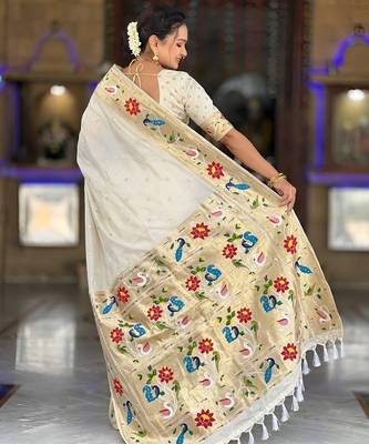Cream paithani silk blend woven meenakari jacquard saree 2