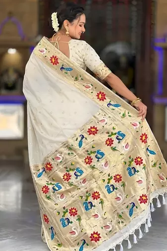 Cream paithani silk blend woven meenakari jacquard saree