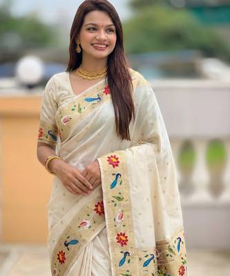 Cream paithani silk blend woven meenakari jacquard saree 3