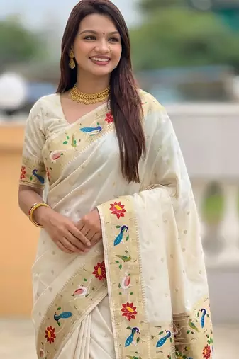 Cream paithani silk blend woven meenakari jacquard saree