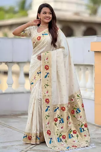 Cream paithani silk blend woven meenakari jacquard saree