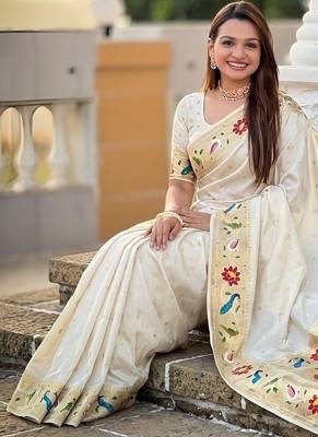 Cream paithani silk blend woven meenakari jacquard saree 5