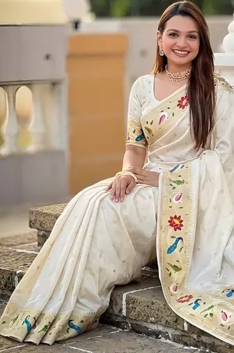 Cream paithani silk blend woven meenakari jacquard saree