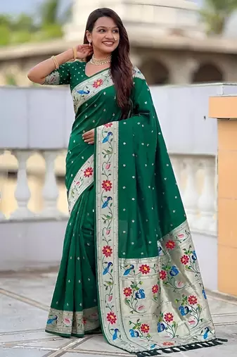 Green color paithani silk woven meenakari jacquard saree