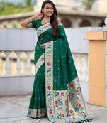 Green paithani silk woven meenakari jacquard saree